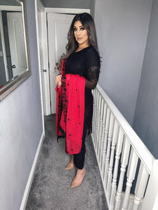 3pc Black with Red Embroidered Dupatta Shalwar Kameez Stitched Suit Ready to wear AN-BLACKRED