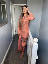 Load image into Gallery viewer, 3pc Peach Pink  with Gold Embroidered Shalwar Kameez Stitched Suit Ready to wear PEACHPINK-GOLD
