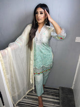 Load image into Gallery viewer, 3 pcs Stitched Off White and green lawn shalwar Suit Ready to Wear with chiffon dupatta MB-2111A
