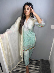 3 pcs Stitched Off White and green lawn shalwar Suit Ready to Wear with chiffon dupatta MB-2111A