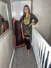 Load image into Gallery viewer, 3 pcs BLACK Lilen shalwar Suit Ready to Wear with chiffon dupatta winter MB-170A
