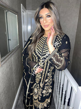 Load image into Gallery viewer, 3pc BLACK Embroidered Shalwar Kameez with Chiffon dupatta Stitched Suit Ready to wear HW-KHBLACK
