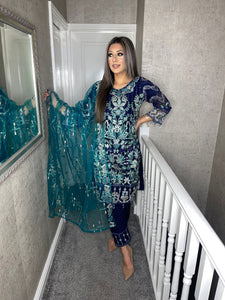 3pc NAVY TEAL Embroidered Shalwar Kameez with Net dupatta Stitched Suit Ready to wear HW-UQ1956