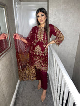Load image into Gallery viewer, 3pc MAROON Embroidered Shalwar Kameez with Net dupatta Stitched Suit Ready to wear HW-MAROON
