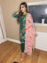 Load image into Gallery viewer, 3pc Green Embroidered Shalwar Kameez with Pink Embroidered Dupatta Stitched Suit Ready to wear
