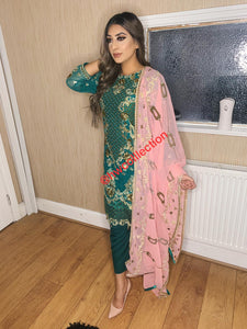3pc Green Embroidered Shalwar Kameez with Pink Embroidered Dupatta Stitched Suit Ready to wear