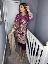 Load image into Gallery viewer, 3pc Purple Embroidered suit with chiffon dupatta Embroidered Stitched Suit Ready to wear HW-11014
