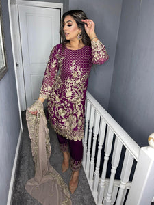 3pc Purple Embroidered suit with chiffon dupatta Embroidered Stitched Suit Ready to wear HW-11014