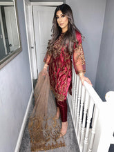 Load image into Gallery viewer, 3PC Net Burgundy Embroidered suit with Net dupatta Stitched Ready to wear HR-BURGUNDY
