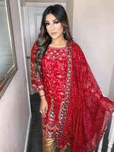 Load image into Gallery viewer, 3pc Red Embroidered suit With Gold trouser Chiffon Dupatta Stitched Suit Ready to wear
