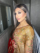 Load image into Gallery viewer, 3pc Golden Embroidered suit with Net dupatta Stitched Suit Ready to wear AN-D122
