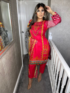 3 pcs Stitched Red with trouser Suit Ready to wear Lilen winter Wear with lilen dupatta JF-REDLILEN