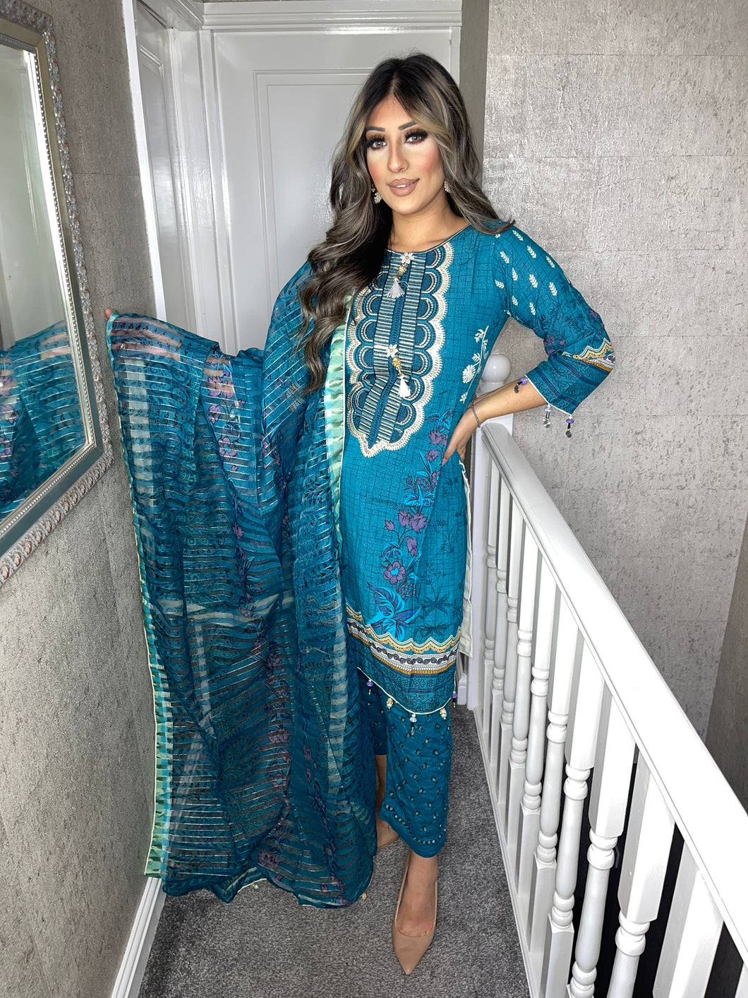 3 pcs BLUE Lilen shalwar Suit Ready to Wear with chiffon dupatta winter AK-41