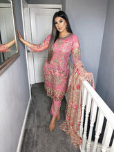 Load image into Gallery viewer, 3pc Pink Embroidered suit with Embroidered Net dupatta Suit Ready to wear KHA-PINK
