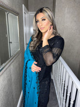 Load image into Gallery viewer, 3pc Black with Teal Chiffon Dupatta Shalwar Kameez Stitched Suit Ready to wear AN-BLACKTEAL
