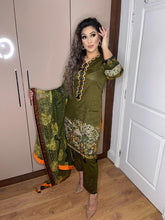 Load image into Gallery viewer, 3 pcs Stitched Olive Green lawn shalwar Suit Ready to Wear with chiffon dupatta FRSH-D06
