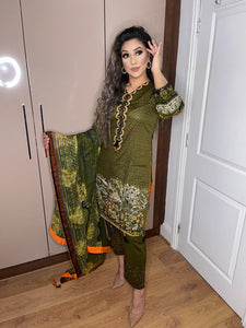 3 pcs Stitched Olive Green lawn shalwar Suit Ready to Wear with chiffon dupatta FRSH-D06