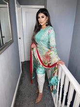 Load image into Gallery viewer, 3 pcs Stitched Sea Green and White lawn shalwar Suit Ready to Wear with chiffon dupatta MB-2115A
