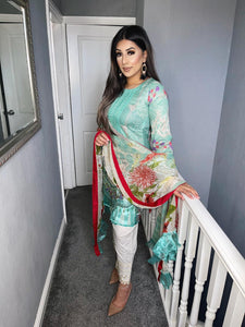 3 pcs Stitched Sea Green and White lawn shalwar Suit Ready to Wear with chiffon dupatta MB-2115A