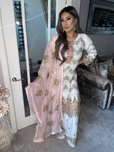 Load image into Gallery viewer, 3pc WHITE Shrara suit with pink chiffon dupatta Embroidered Stitched Suit Ready to wear PHK-WHITESHRARA

