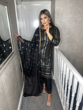 Load image into Gallery viewer, 3pc BLACK Embroidered Shalwar Kameez with Chiffon dupatta Stitched Suit Ready to wear HW-BLACK9MM

