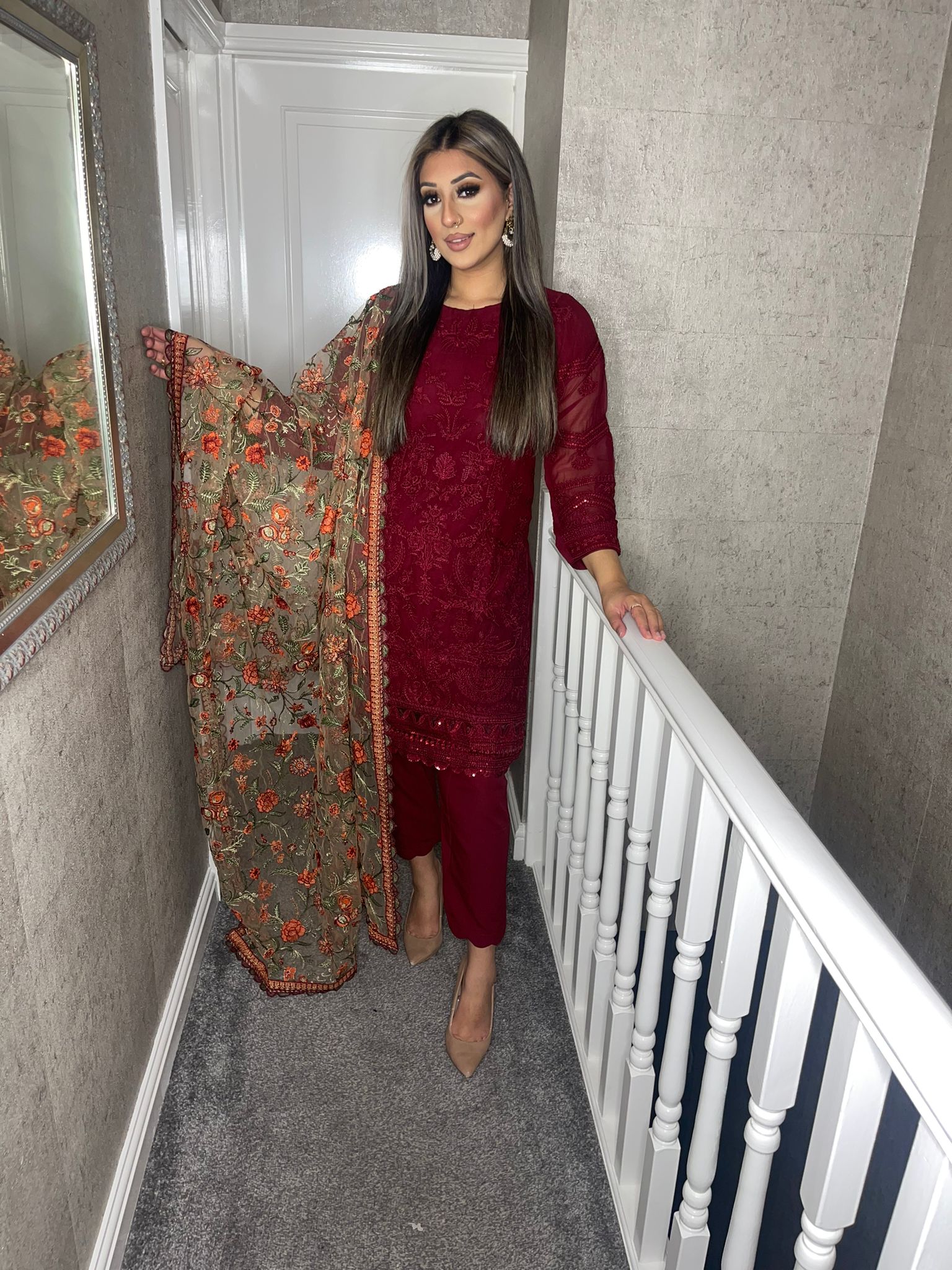 3pc Maroon Embroidered Shalwar Kameez with Net dupatta Stitched Suit Ready  to wear UNQ-MAROON