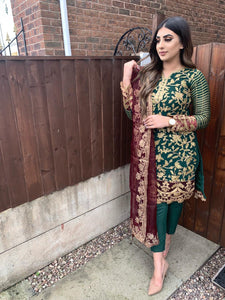 3pc Green Embroidered With Maroon Dupatta Stitched Suit Ready to wear