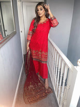 Load image into Gallery viewer, 3pc RED Embroidered Shalwar Kameez with Maroon Chiffon dupatta Stitched Suit Ready to wear KHA-RED

