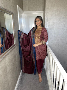 3 pcs Stitched Maroon LAWN shalwar Suit with lawn duppata Ready to wear lawn summer Wear KHD-123