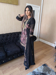 3pc Black chiffon Embroidered Shalwar Kameez with Chiffon Embroidered Dupatta Stitched Suit Ready to wear PK-BLACK