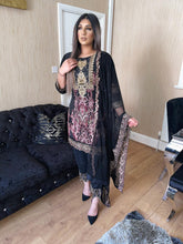 Load image into Gallery viewer, 3pc Black chiffon Embroidered Shalwar Kameez with Chiffon Embroidered Dupatta Stitched Suit Ready to wear PK-BLACK
