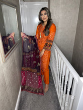 Load image into Gallery viewer, 3pc Orange Embroidered Shalwar Kameez with Net dupatta Stitched Suit Ready to wear HW-1748

