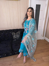 Load image into Gallery viewer, 3pc Blue chiffon Embroidered Shalwar Kameez with Grey Chiffon Dupatta Stitched Suit Ready to wear UQ-BLUEGREY
