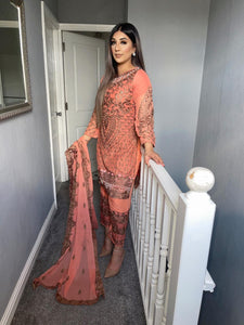 3pc Peach Pink  with Gold Embroidered Shalwar Kameez Stitched Suit Ready to wear PEACHPINK-GOLD