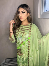 Load image into Gallery viewer, 3pc Green Embroidered Shalwar Kameez with Embroidered Chiffon Dupatta Stitched Suit Ready to wear
