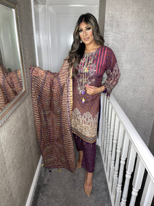 3 pcs Brown purple Lilen shalwar Suit Ready to Wear with chiffon dupatta winter AK-43