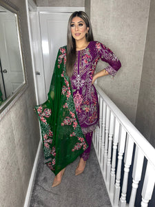 3pc Purple Embroidered Shalwar Kameez with Green Chiffon dupatta Stitched Suit Ready to wear HW-PURPLEGREEN
