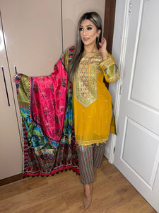 3pc Mustard Embroidered Shalwar Kameez with Silk dupatta Stitched Suit Ready to wear AN-MUSTARD