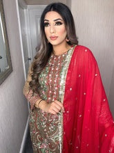 Load image into Gallery viewer, 3pc Brown chiffon Embroidered Shalwar Kameez with Chiffon Embroidered Dupatta Stitched Suit Ready to wear
