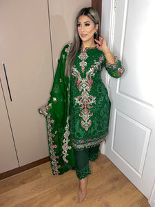 3pc Green Embroidered Shalwar Kameez with Chiffon dupatta Stitched Suit Ready to wear HW-1733
