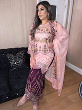 Load image into Gallery viewer, 3pc Pink chiffon Embroidered Shalwar Kameez with Purple shrara and chiffon Dupatta Stitched Suit Ready to wear UQ-PINKPURPLE

