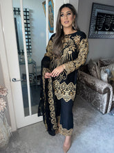 Load image into Gallery viewer, 3pc BLACK Embroidered Shalwar Kameez with Chiffon dupatta Stitched Suit Ready to wear KHA-BLACK
