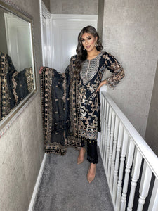 3pc BLACK Embroidered Shalwar Kameez with ORGANZA dupatta Stitched Suit Ready to wear HW-BLACK01