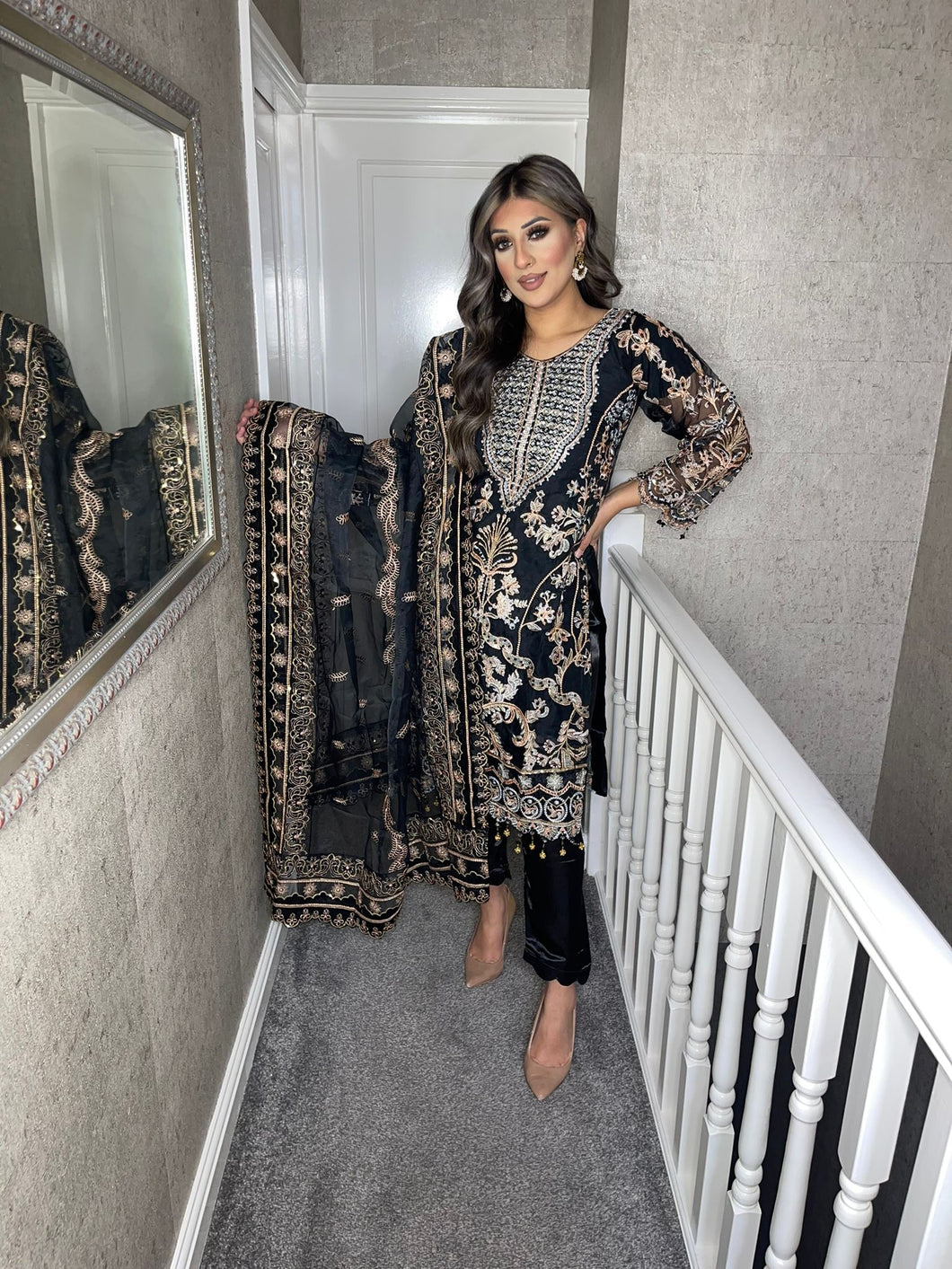 3pc BLACK Embroidered Shalwar Kameez with ORGANZA dupatta Stitched Suit Ready to wear HW-BLACK01