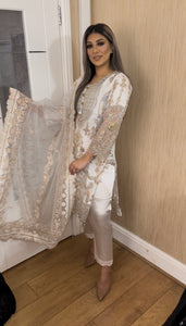3pc WHITE Embroidered Shalwar Kameez with ORGANZA dupatta Stitched Suit Ready to wear HW-WHITE