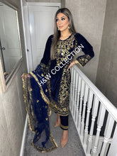 Load image into Gallery viewer, 3pc NAVY Velvet Embroidered Shalwar Kameez Stitched Suit Ready to wear AJ-NAVYVELVET
