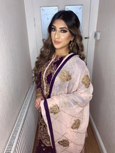 Load image into Gallery viewer, 3pc Purple Shrara suit with pink chiffon dupatta Embroidered Stitched Suit Ready to wear
