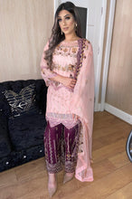 Load image into Gallery viewer, 3pc Pink chiffon Embroidered Shalwar Kameez with Purple shrara and chiffon Dupatta Stitched Suit Ready to wear UQ-PINKPURPLE
