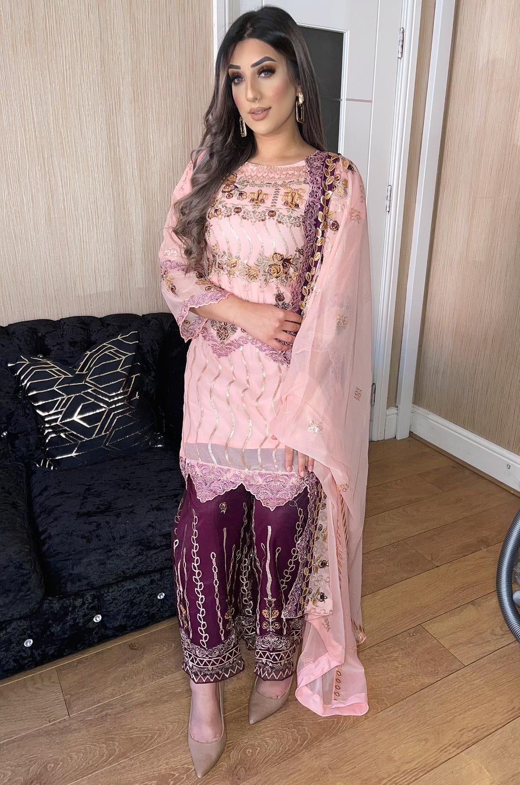 3pc Pink chiffon Embroidered Shalwar Kameez with Purple shrara and chiffon Dupatta Stitched Suit Ready to wear UQ-PINKPURPLE