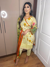 Load image into Gallery viewer, 3 pcs Stitched Light Yellow lawn shalwar Suit Ready to Wear with chiffon dupatta CH-04A
